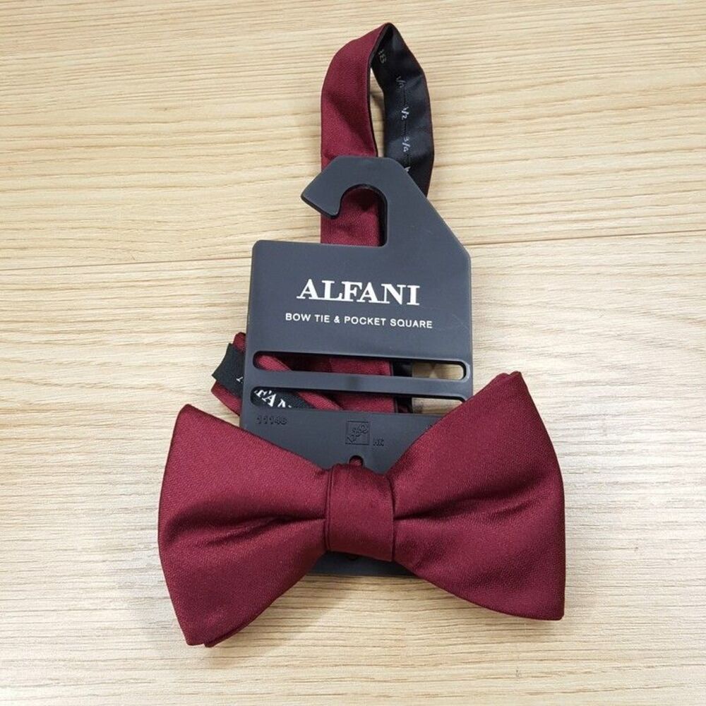 ALFANI Mens Bow Tie Solid Maroon Satin Pre-Tied